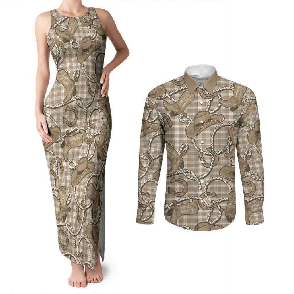 Beige Hawaii Palaka Cowboy Couples Matching Tank Maxi Dress and Long Sleeve Button Shirt Hawaiian Paniolo Festival Spirit