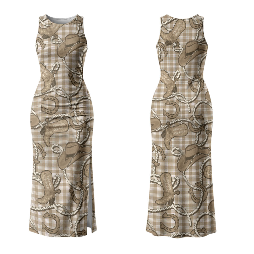 Beige Hawaii Palaka Cowboy Couples Matching Tank Maxi Dress and Long Sleeve Button Shirt Hawaiian Paniolo Festival Spirit