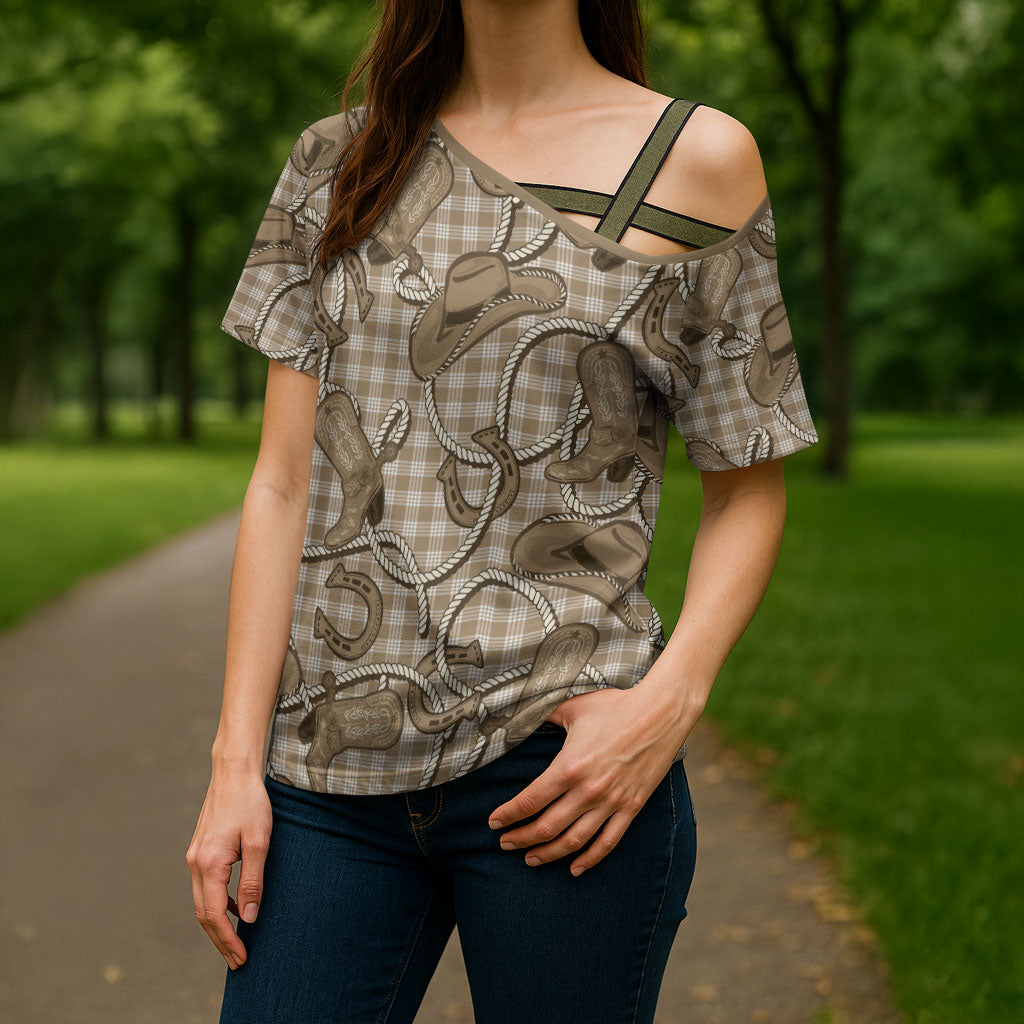 Beige Hawaii Palaka Cowboy Cross Shoulder Shirt Hawaiian Paniolo Festival Spirit