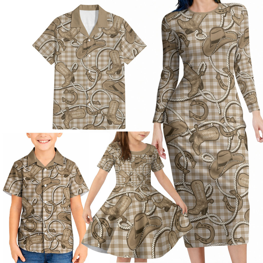 Beige Hawaii Palaka Cowboy Family Matching Long Sleeve Bodycon Dress and Hawaiian Shirt Hawaiian Paniolo Festival Spirit LT19 - Polynesian Pride