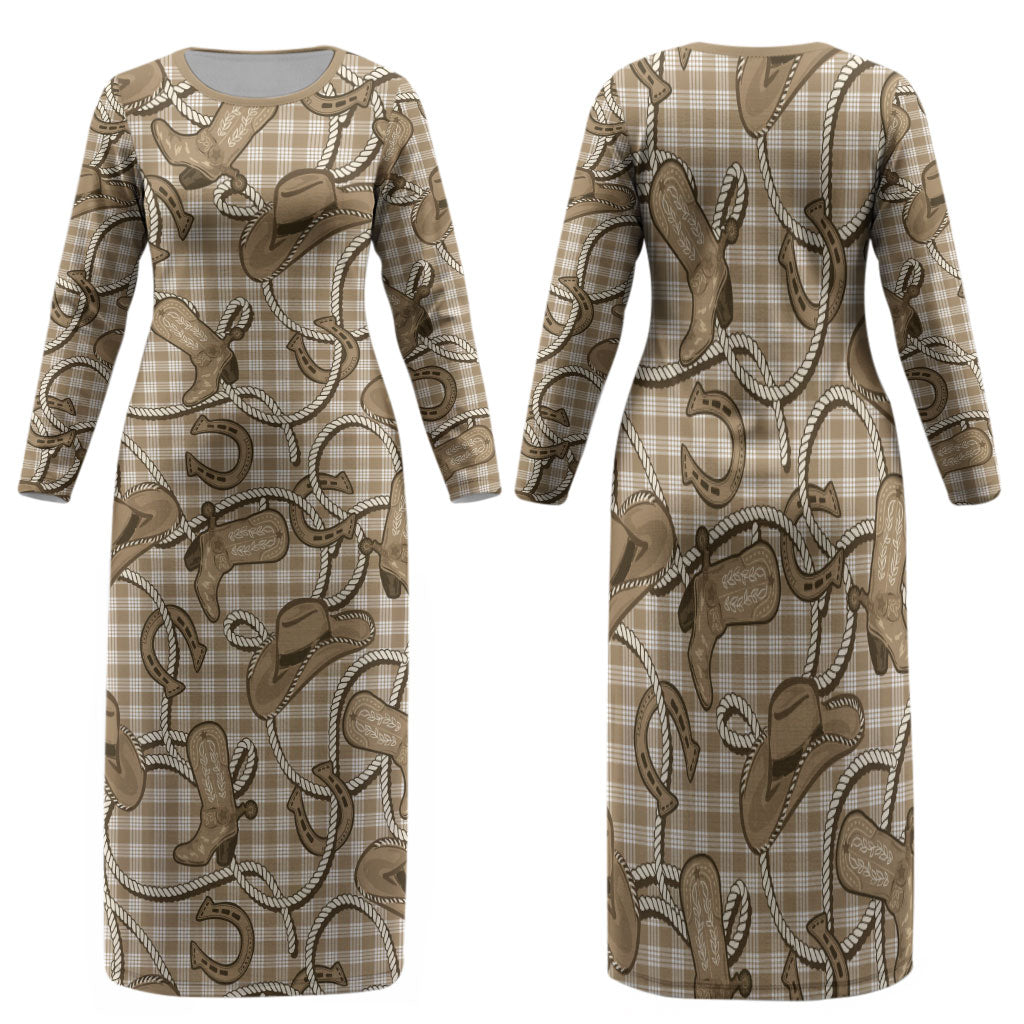 Beige Hawaii Palaka Cowboy Family Matching Long Sleeve Bodycon Dress and Hawaiian Shirt Hawaiian Paniolo Festival Spirit