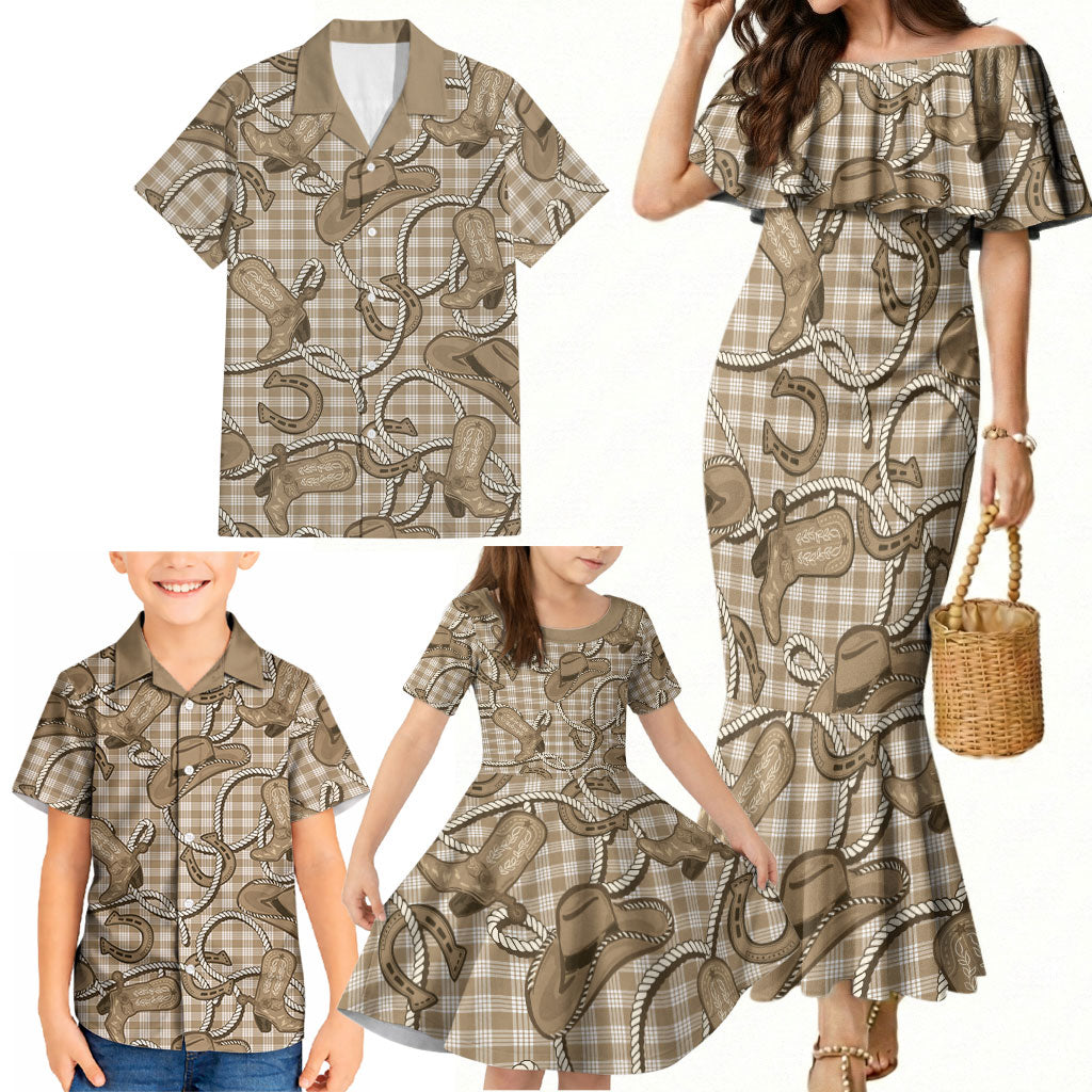 Beige Hawaii Palaka Cowboy Family Matching Mermaid Dress and Hawaiian Shirt Hawaiian Paniolo Festival Spirit