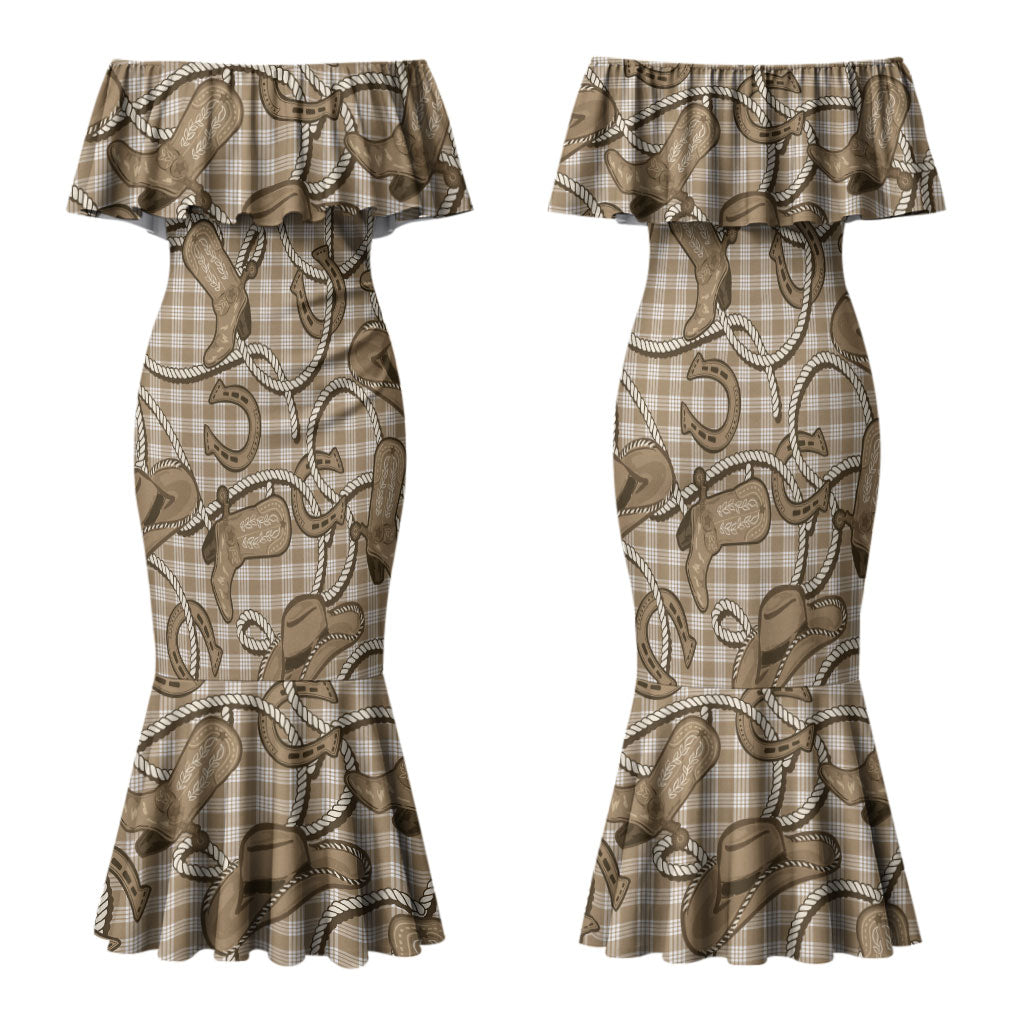 Beige Hawaii Palaka Cowboy Family Matching Mermaid Dress and Hawaiian Shirt Hawaiian Paniolo Festival Spirit