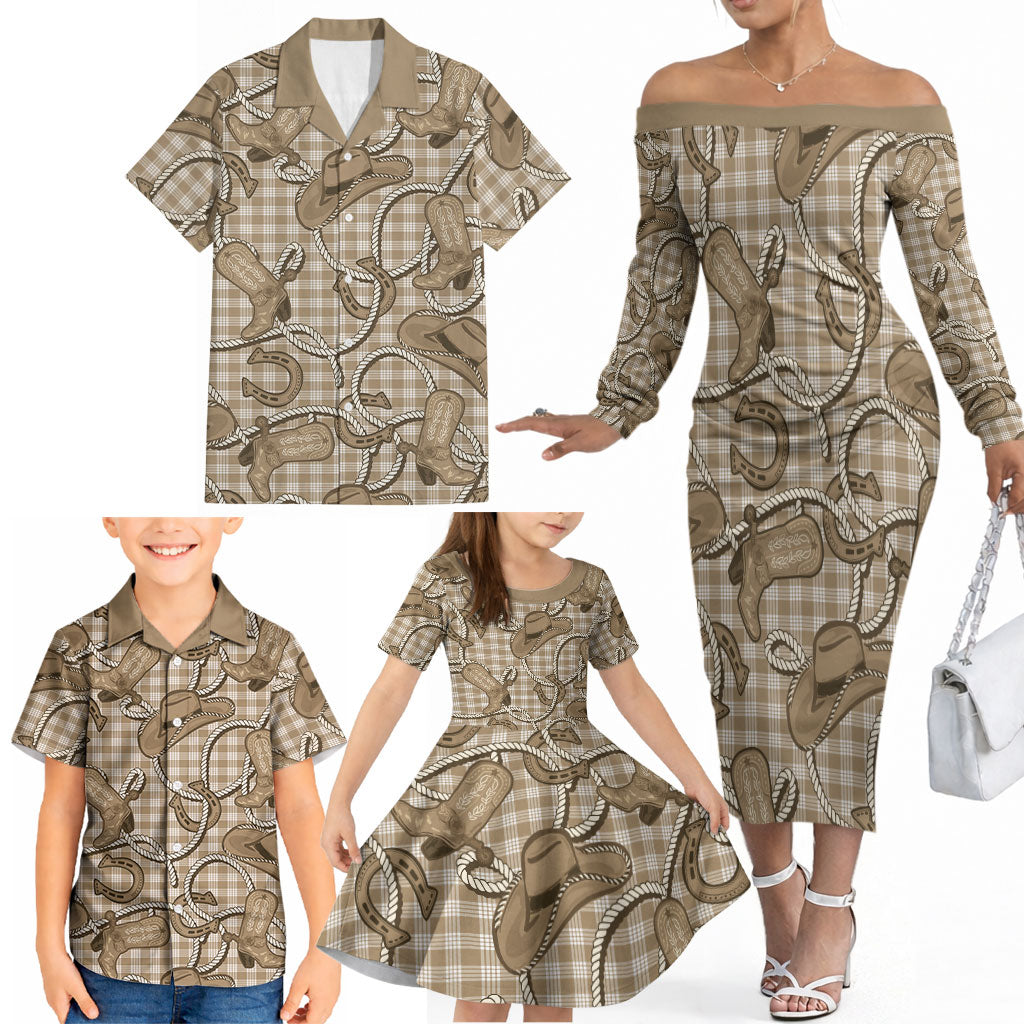 Beige Hawaii Palaka Cowboy Family Matching Off The Shoulder Long Sleeve Dress and Hawaiian Shirt Hawaiian Paniolo Festival Spirit