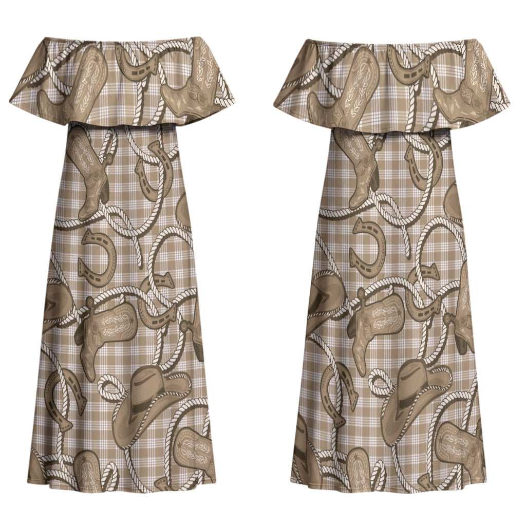 Beige Hawaii Palaka Cowboy Family Matching Off Shoulder Maxi Dress and Hawaiian Shirt Hawaiian Paniolo Festival Spirit
