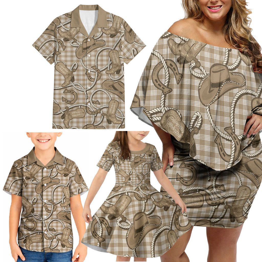 Beige Hawaii Palaka Cowboy Family Matching Off Shoulder Short Dress and Hawaiian Shirt Hawaiian Paniolo Festival Spirit LT19 - Polynesian Pride