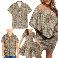 Beige Hawaii Palaka Cowboy Family Matching Off Shoulder Short Dress and Hawaiian Shirt Hawaiian Paniolo Festival Spirit