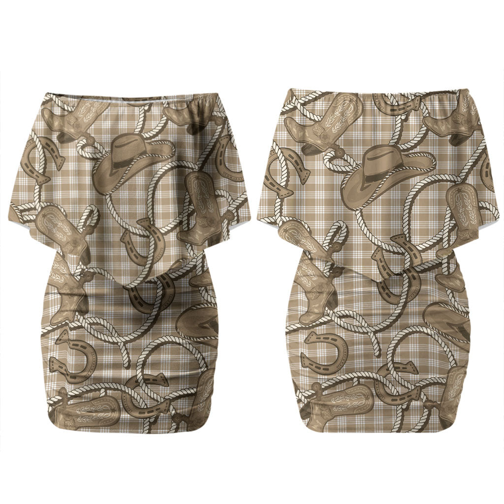 Beige Hawaii Palaka Cowboy Family Matching Off Shoulder Short Dress and Hawaiian Shirt Hawaiian Paniolo Festival Spirit