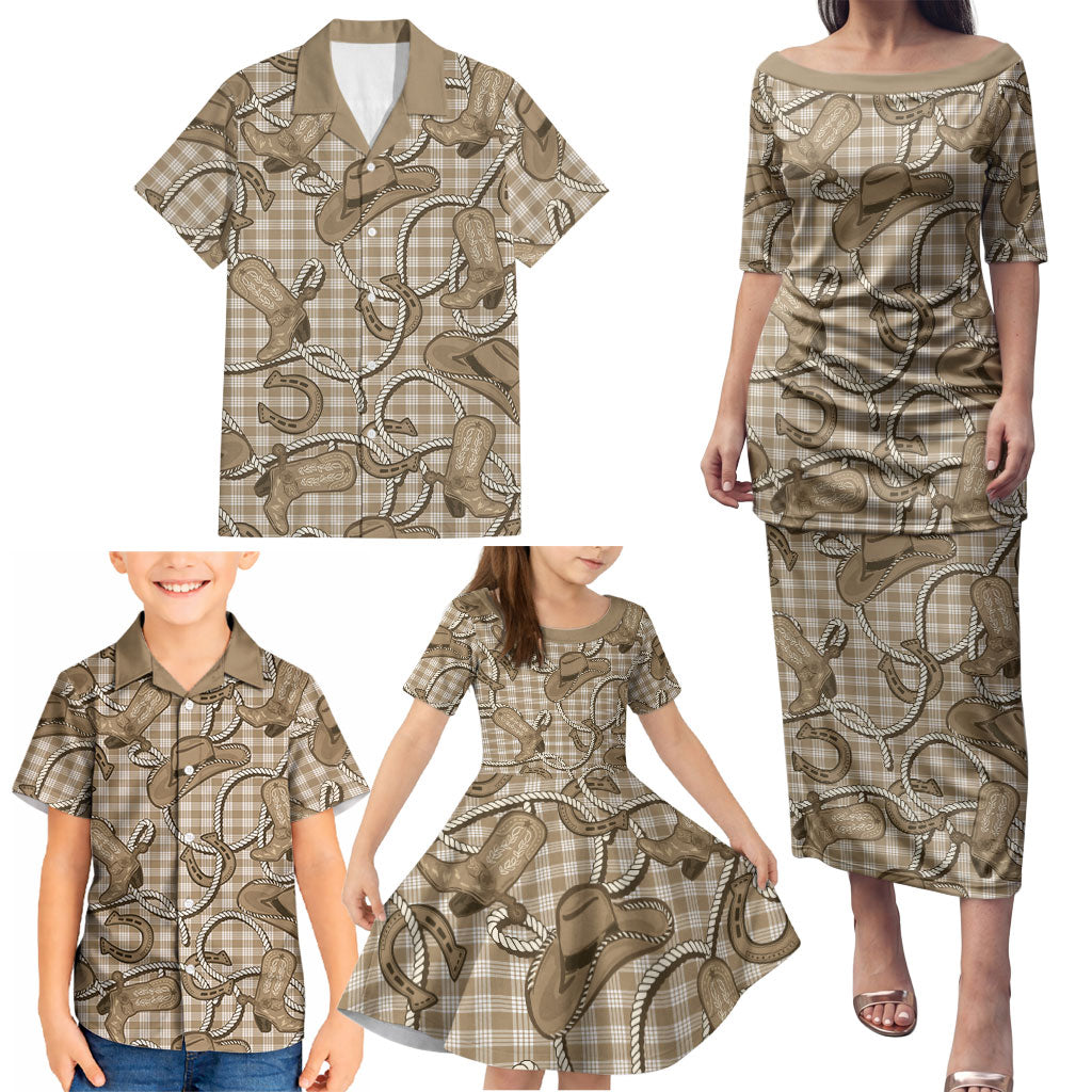 Beige Hawaii Palaka Cowboy Family Matching Puletasi and Hawaiian Shirt Hawaiian Paniolo Festival Spirit