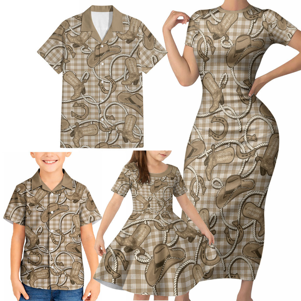 Beige Hawaii Palaka Cowboy Family Matching Short Sleeve Bodycon Dress and Hawaiian Shirt Hawaiian Paniolo Festival Spirit LT19 - Polynesian Pride