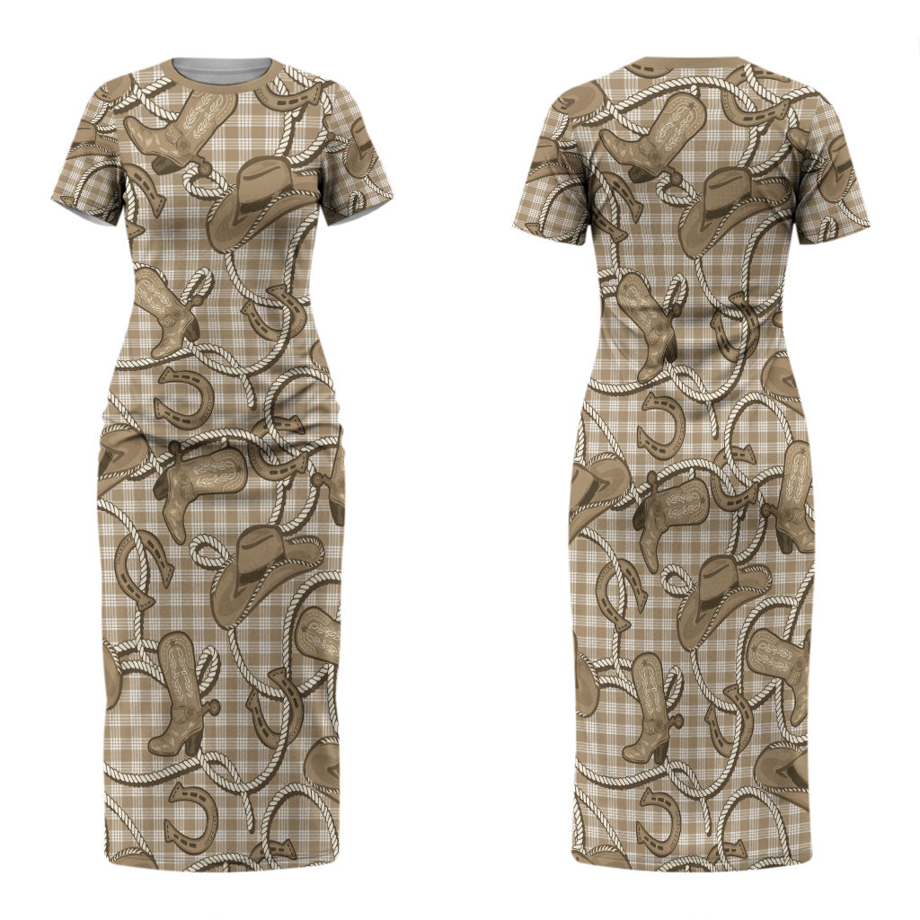 Beige Hawaii Palaka Cowboy Family Matching Short Sleeve Bodycon Dress and Hawaiian Shirt Hawaiian Paniolo Festival Spirit