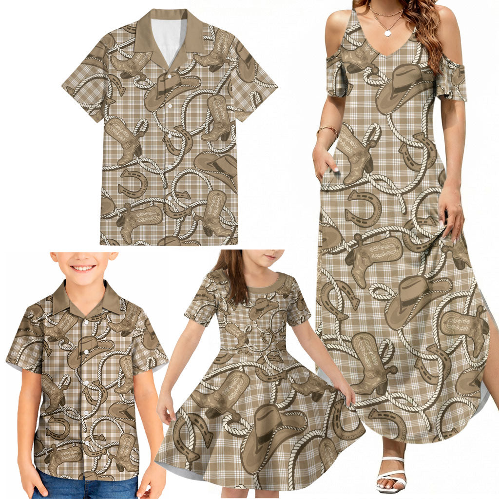 Beige Hawaii Palaka Cowboy Family Matching Summer Maxi Dress and Hawaiian Shirt Hawaiian Paniolo Festival Spirit