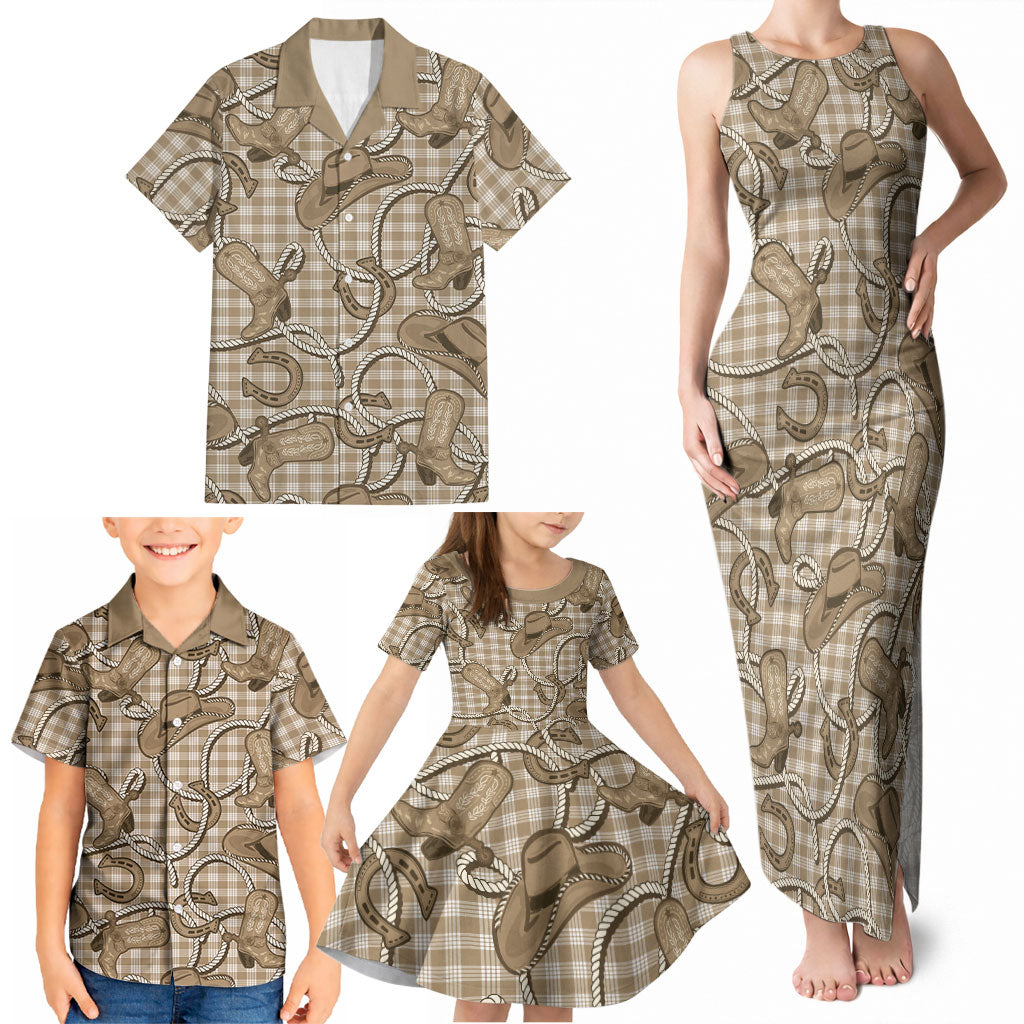 Beige Hawaii Palaka Cowboy Family Matching Tank Maxi Dress and Hawaiian Shirt Hawaiian Paniolo Festival Spirit