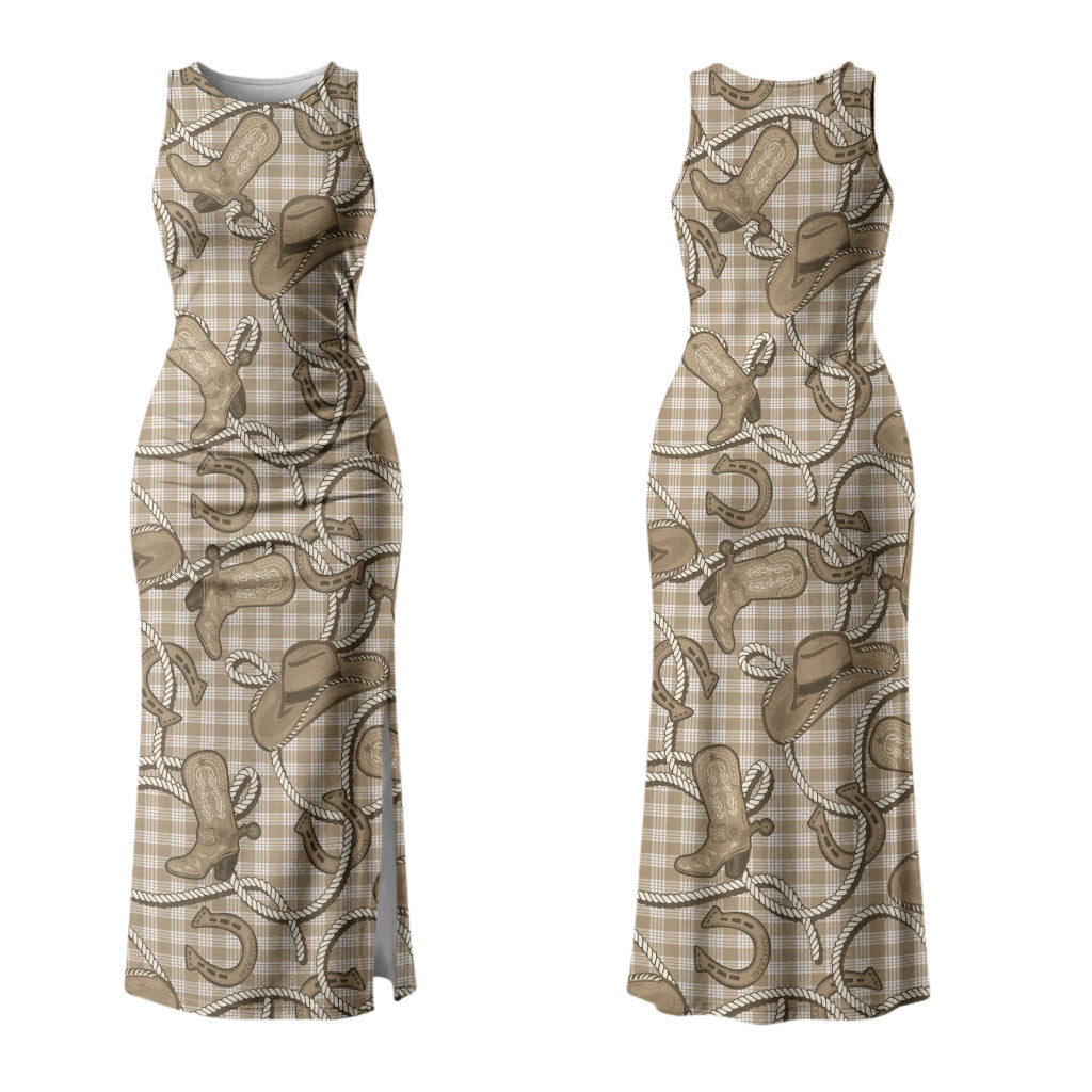 Beige Hawaii Palaka Cowboy Family Matching Tank Maxi Dress and Hawaiian Shirt Hawaiian Paniolo Festival Spirit
