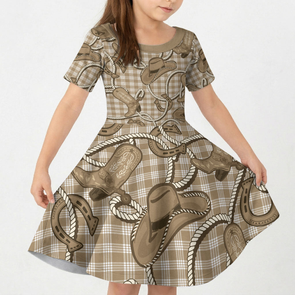 Beige Hawaii Palaka Cowboy Kid Short Sleeve Dress Hawaiian Paniolo Festival Spirit