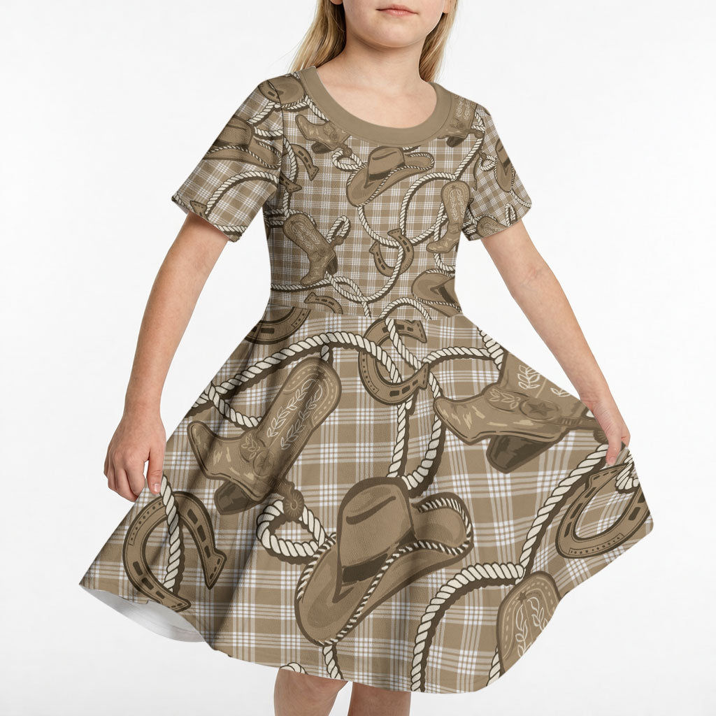 Beige Hawaii Palaka Cowboy Kid Short Sleeve Dress Hawaiian Paniolo Festival Spirit