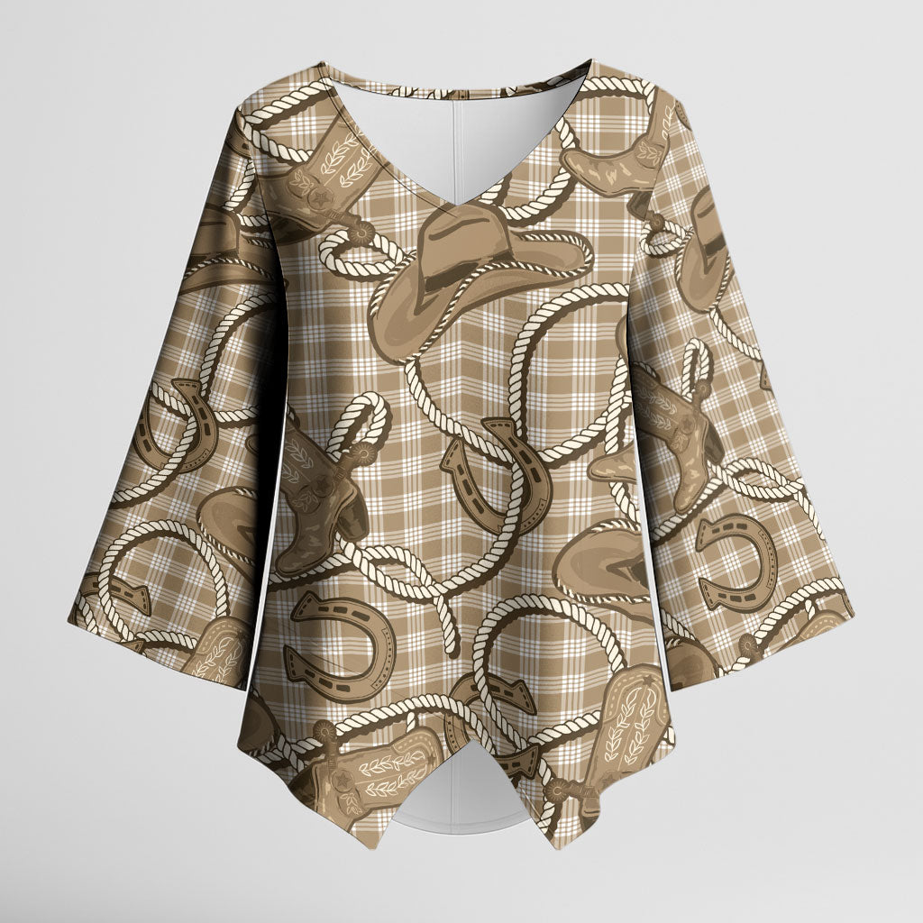 Beige Hawaii Palaka Cowboy Kimono Sleeve Blouse Hawaiian Paniolo Festival Spirit LT19 Female Beige - Polynesian Pride