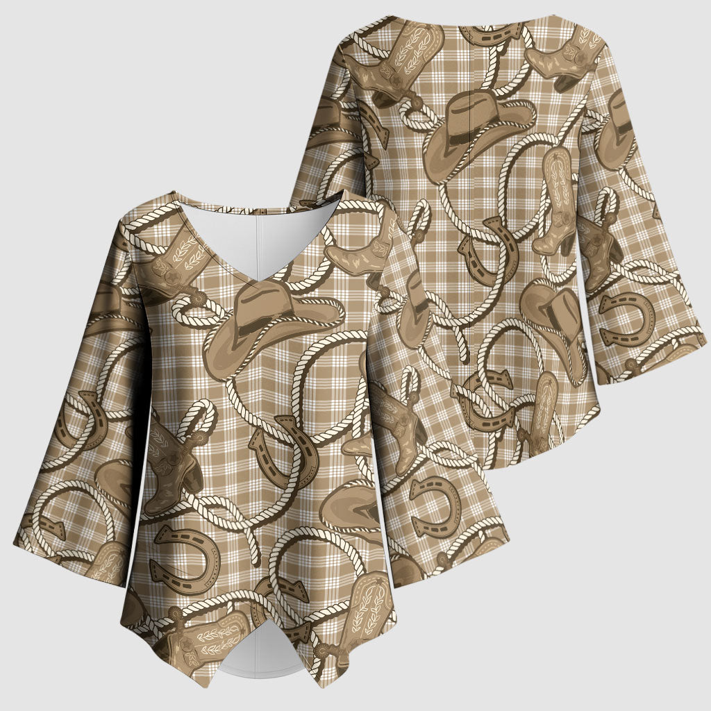 Beige Hawaii Palaka Cowboy Kimono Sleeve Blouse Hawaiian Paniolo Festival Spirit