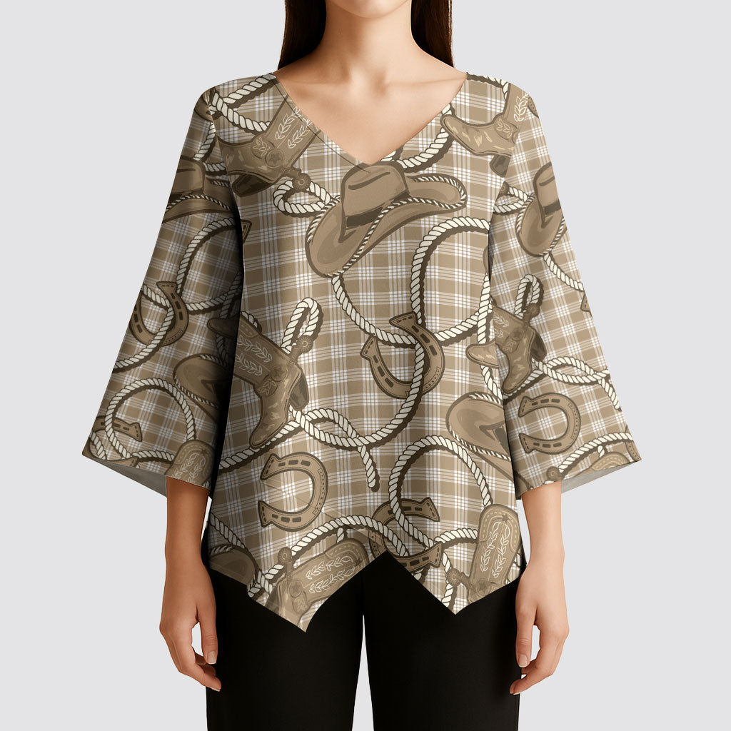 Beige Hawaii Palaka Cowboy Kimono Sleeve Blouse Hawaiian Paniolo Festival Spirit