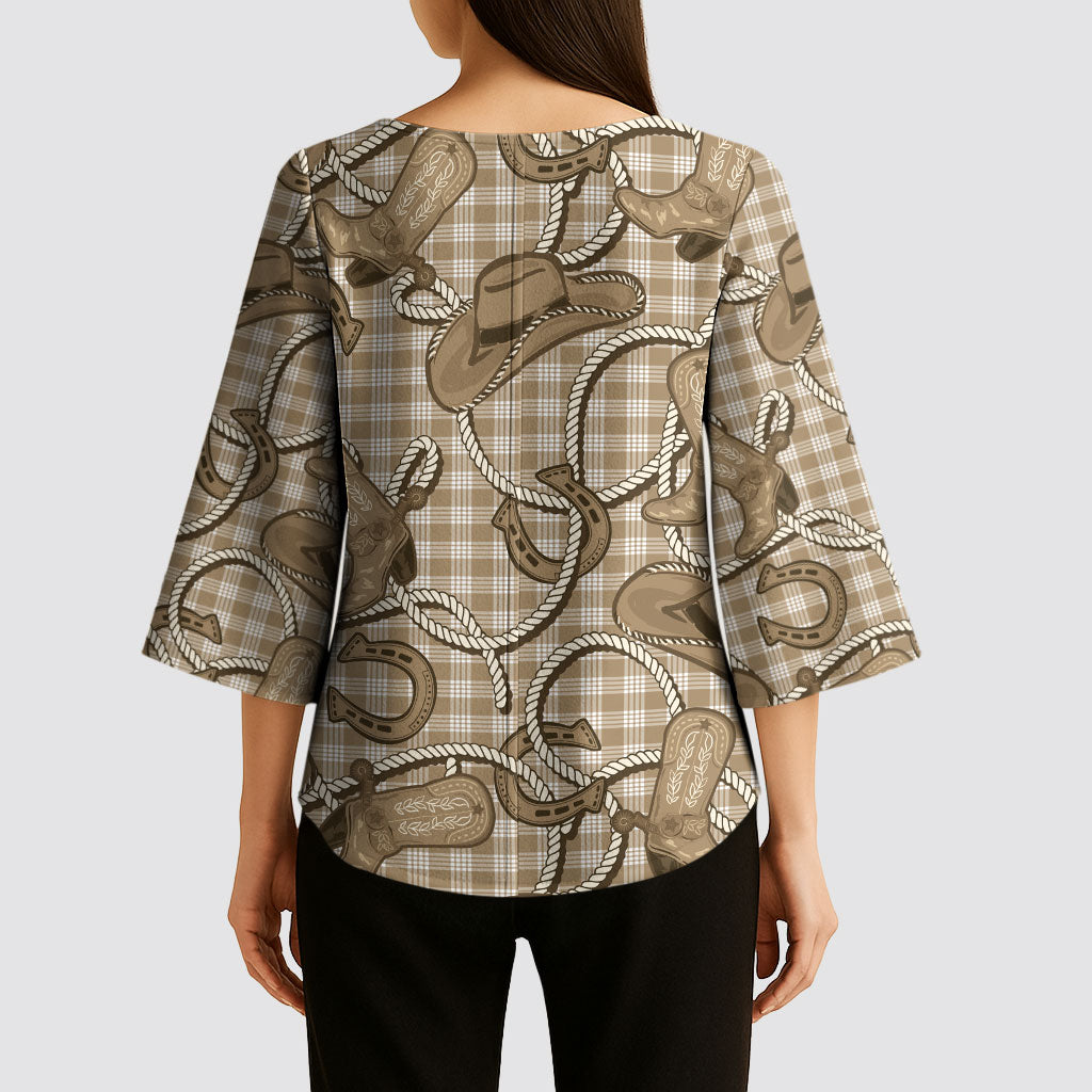 Beige Hawaii Palaka Cowboy Kimono Sleeve Blouse Hawaiian Paniolo Festival Spirit
