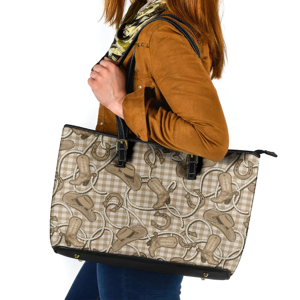 Beige Hawaii Palaka Cowboy Leather Tote Bag Hawaiian Paniolo Festival Spirit LT19 Beige - Polynesian Pride