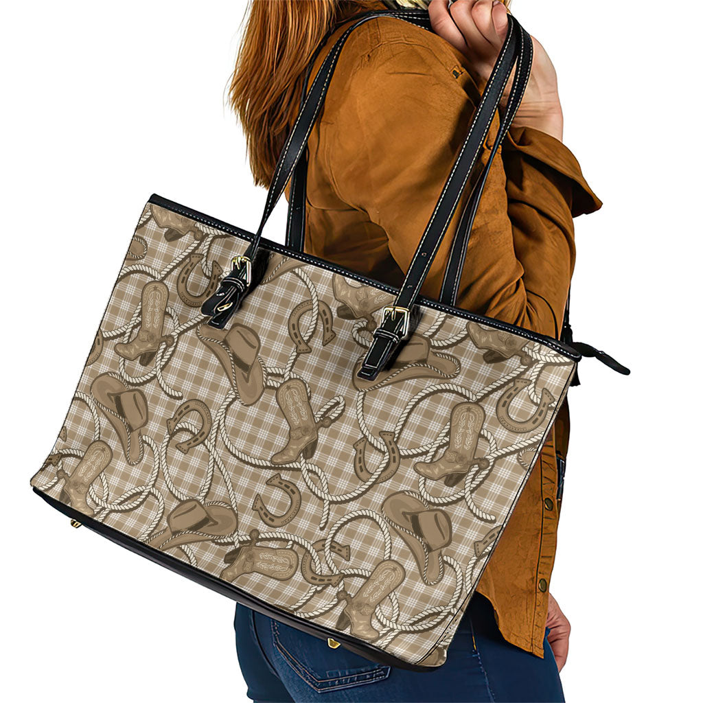 Beige Hawaii Palaka Cowboy Leather Tote Bag Hawaiian Paniolo Festival Spirit