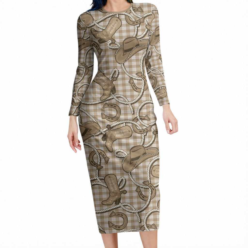 Beige Hawaii Palaka Cowboy Long Sleeve Bodycon Dress Hawaiian Paniolo Festival Spirit