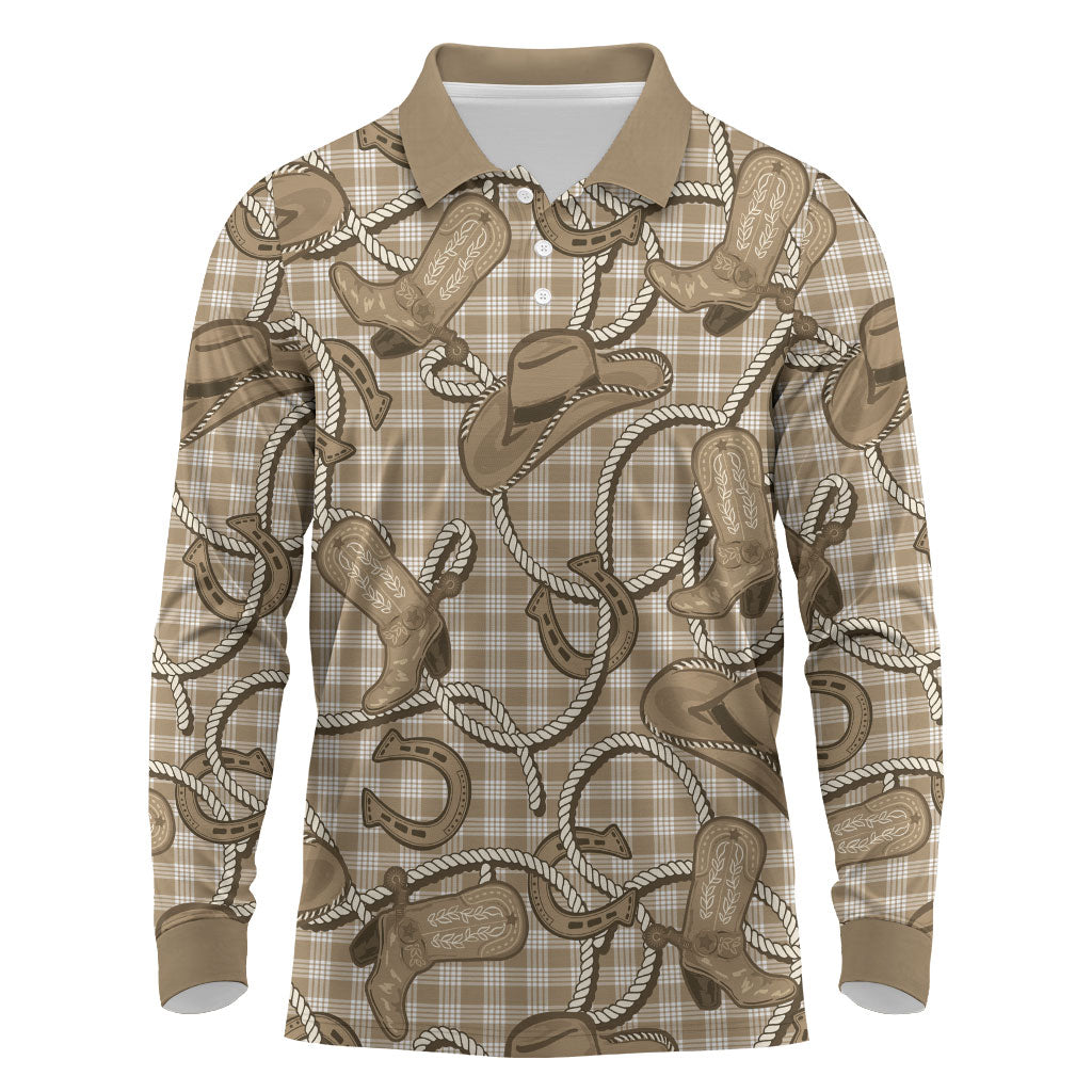 Beige Hawaii Palaka Cowboy Long Sleeve Polo Shirt Hawaiian Paniolo Festival Spirit