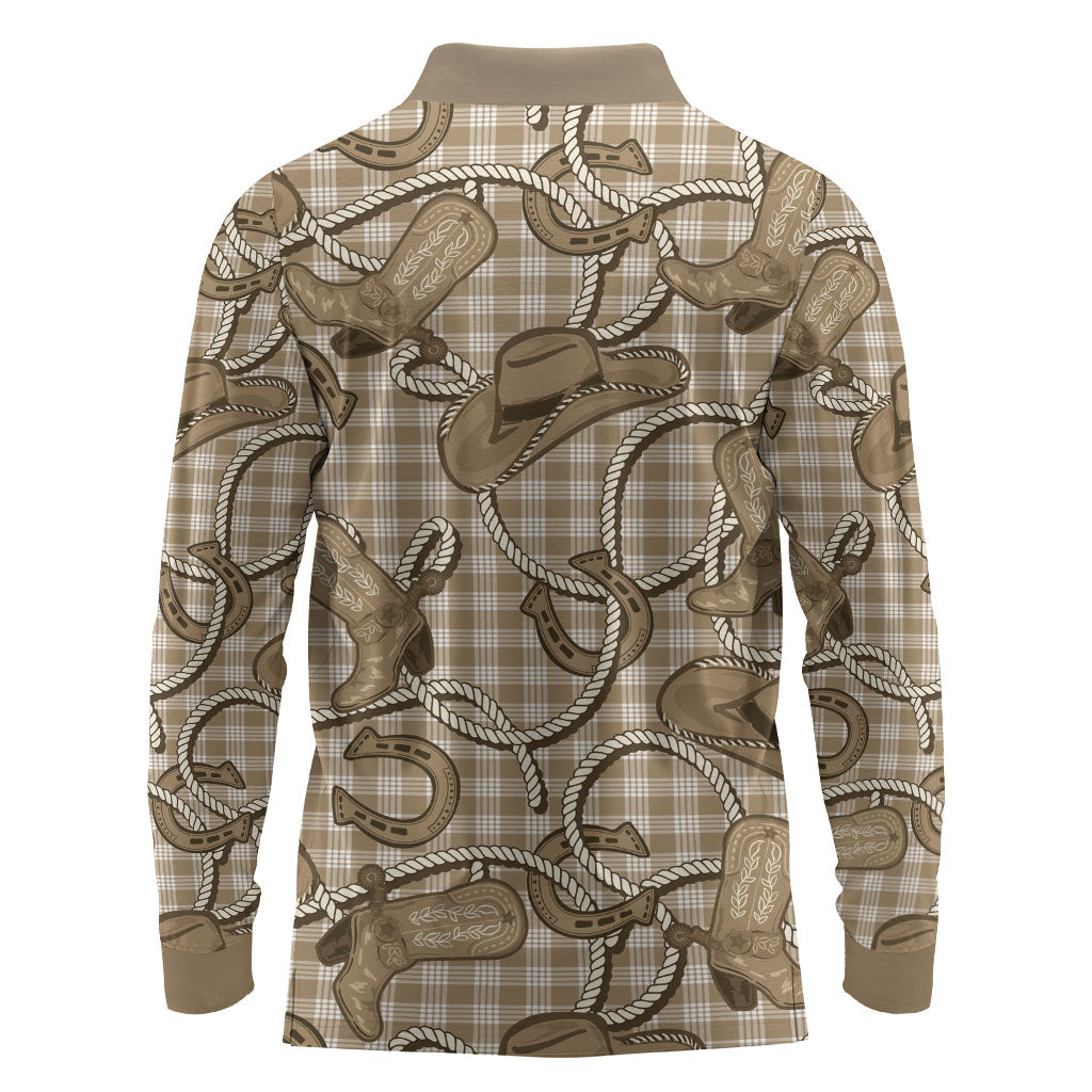 Beige Hawaii Palaka Cowboy Long Sleeve Polo Shirt Hawaiian Paniolo Festival Spirit