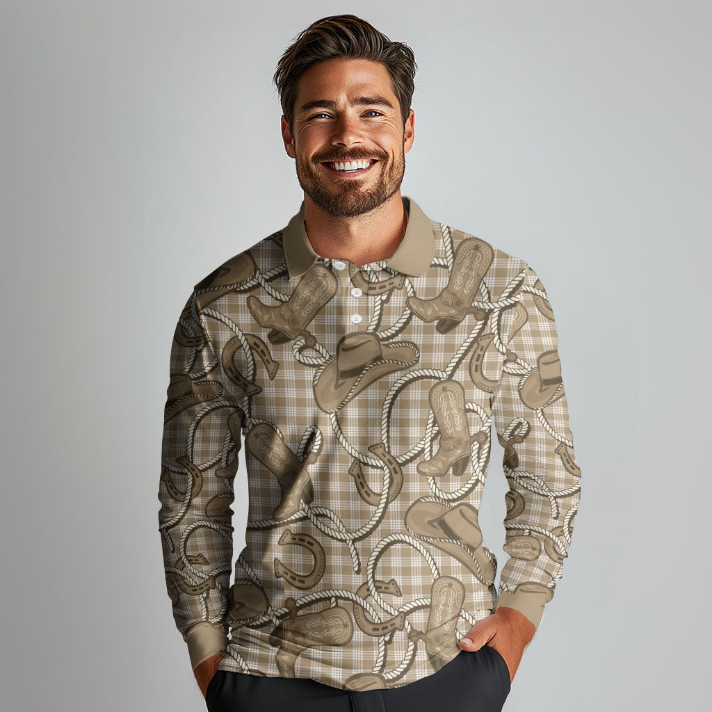 Beige Hawaii Palaka Cowboy Long Sleeve Polo Shirt Hawaiian Paniolo Festival Spirit