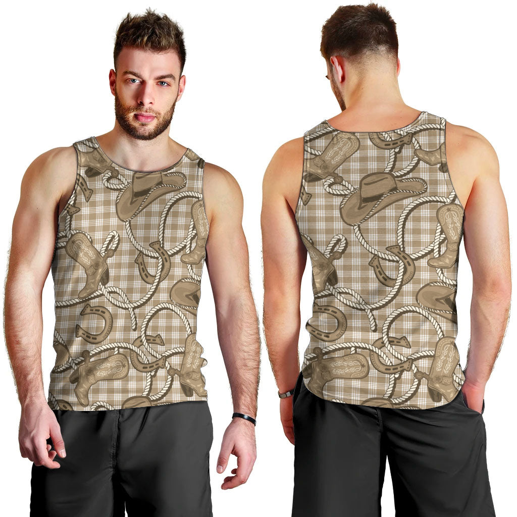 Beige Hawaii Palaka Cowboy Men Tank Top Hawaiian Paniolo Festival Spirit
