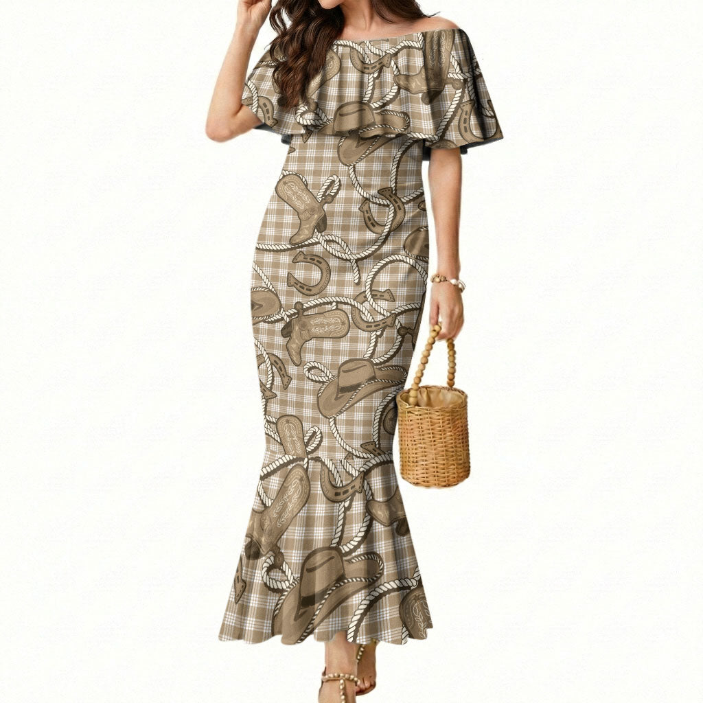 Beige Hawaii Palaka Cowboy Mermaid Dress Hawaiian Paniolo Festival Spirit LT19 Women Beige - Polynesian Pride