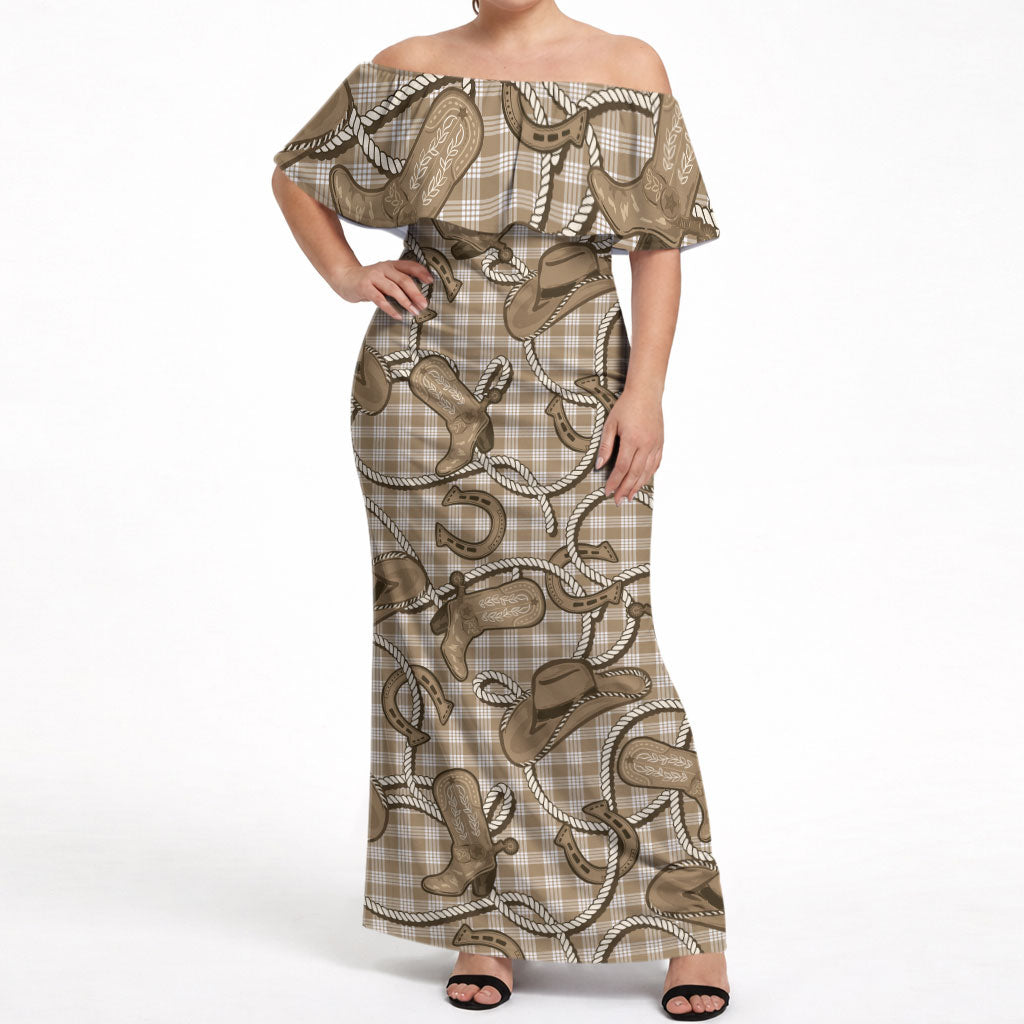 Beige Hawaii Palaka Cowboy Off Shoulder Maxi Dress Hawaiian Paniolo Festival Spirit