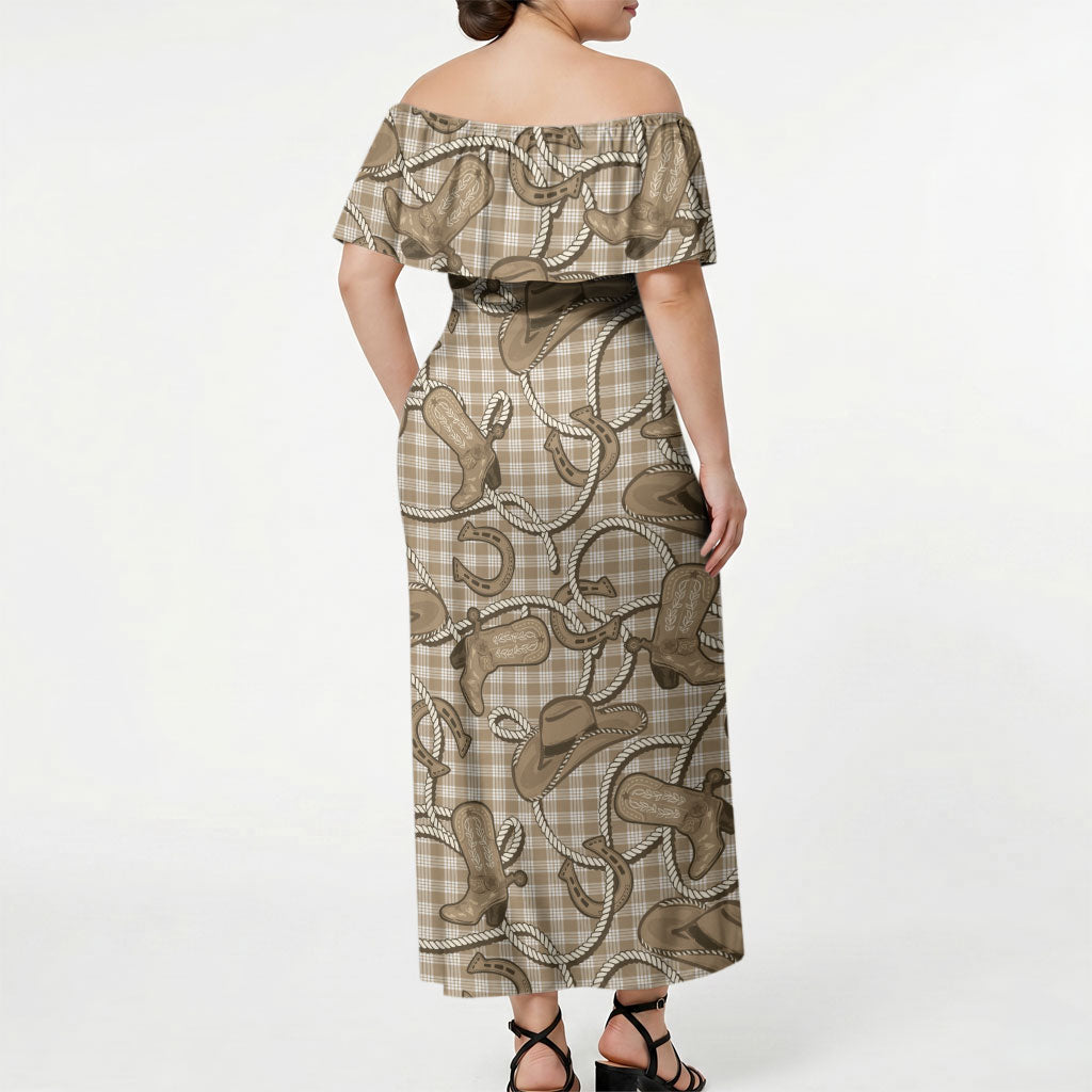 Beige Hawaii Palaka Cowboy Off Shoulder Maxi Dress Hawaiian Paniolo Festival Spirit