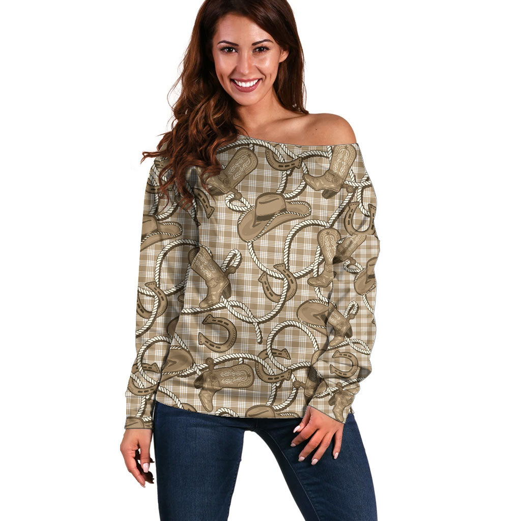 Beige Hawaii Palaka Cowboy Off Shoulder Sweater Hawaiian Paniolo Festival Spirit