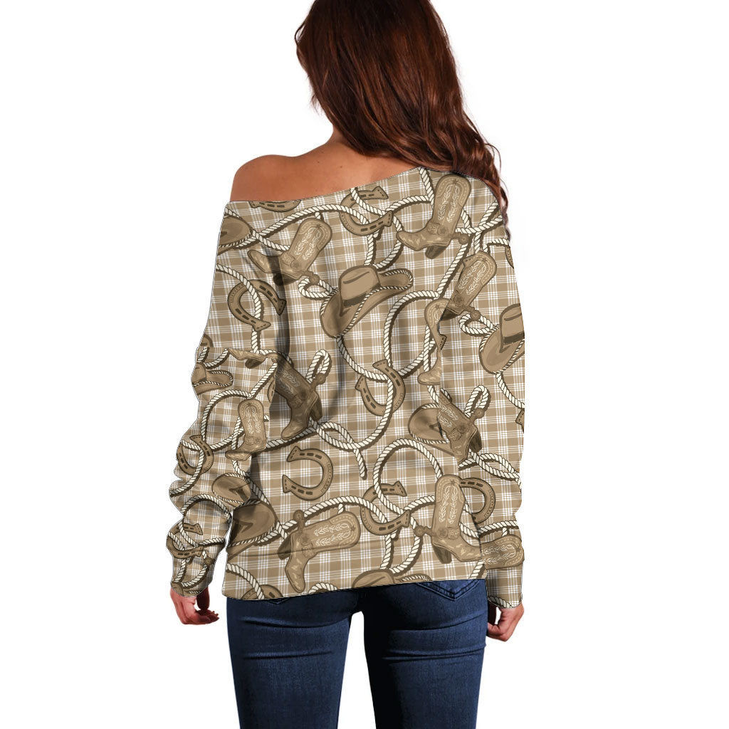 Beige Hawaii Palaka Cowboy Off Shoulder Sweater Hawaiian Paniolo Festival Spirit