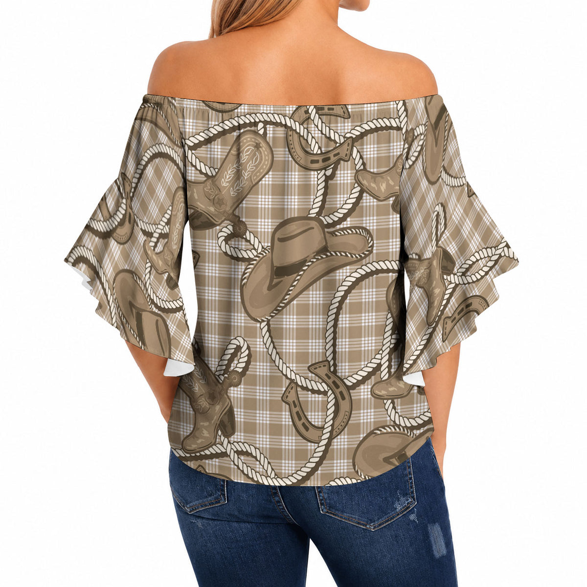 Beige Hawaii Palaka Cowboy Off Shoulder Wrap Waist Top Hawaiian Paniolo Festival Spirit