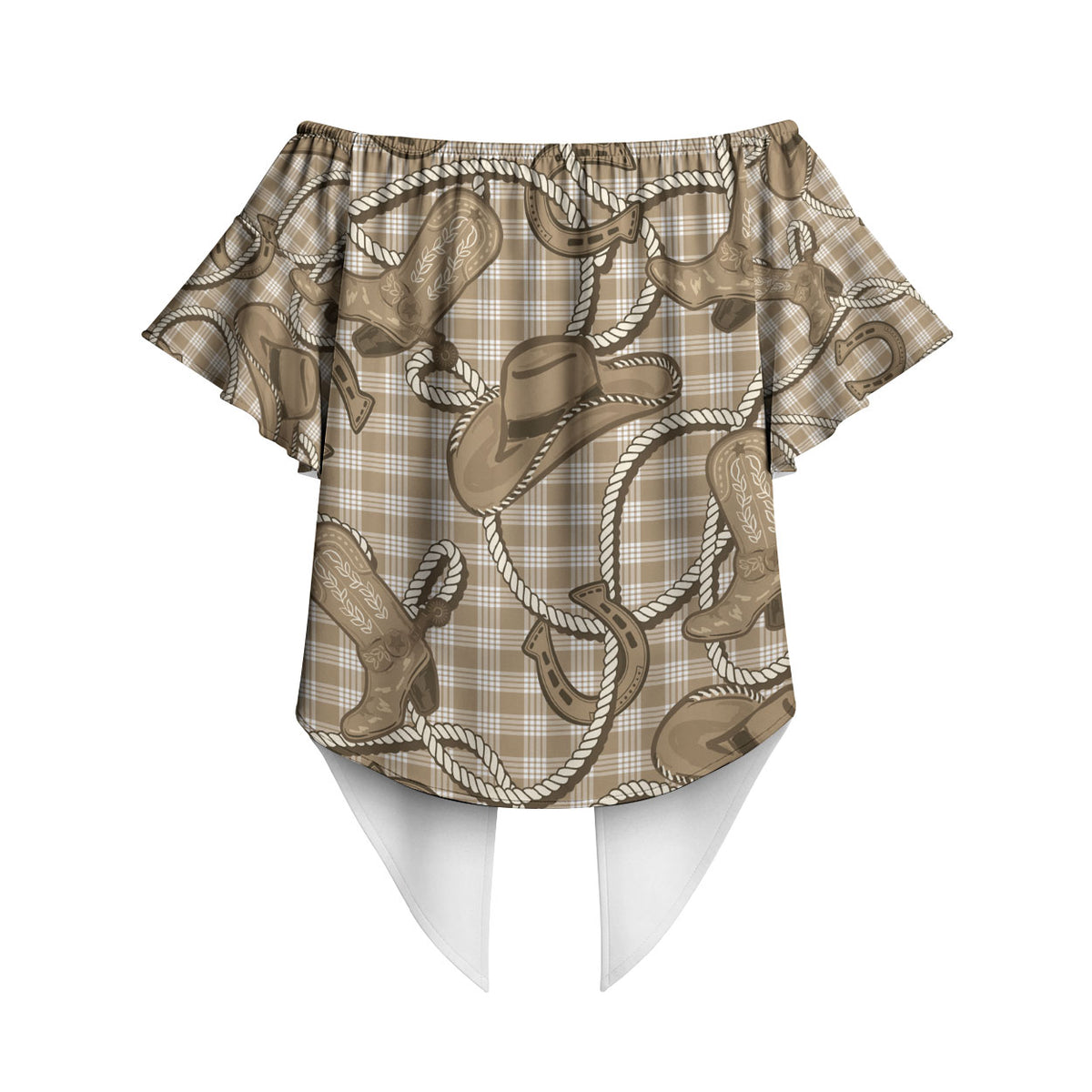 Beige Hawaii Palaka Cowboy Off Shoulder Wrap Waist Top Hawaiian Paniolo Festival Spirit