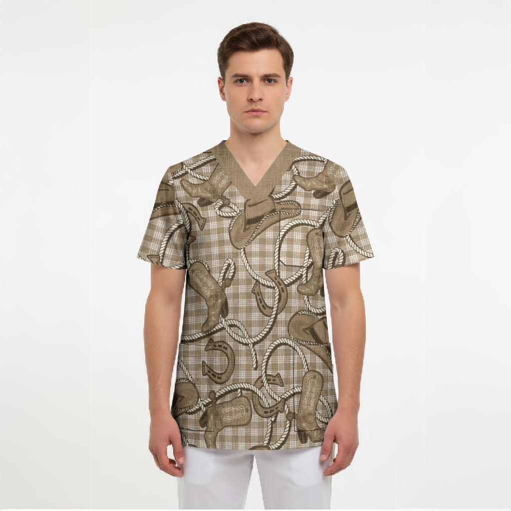 Beige Hawaii Palaka Cowboy Scrub Top Hawaiian Paniolo Festival Spirit