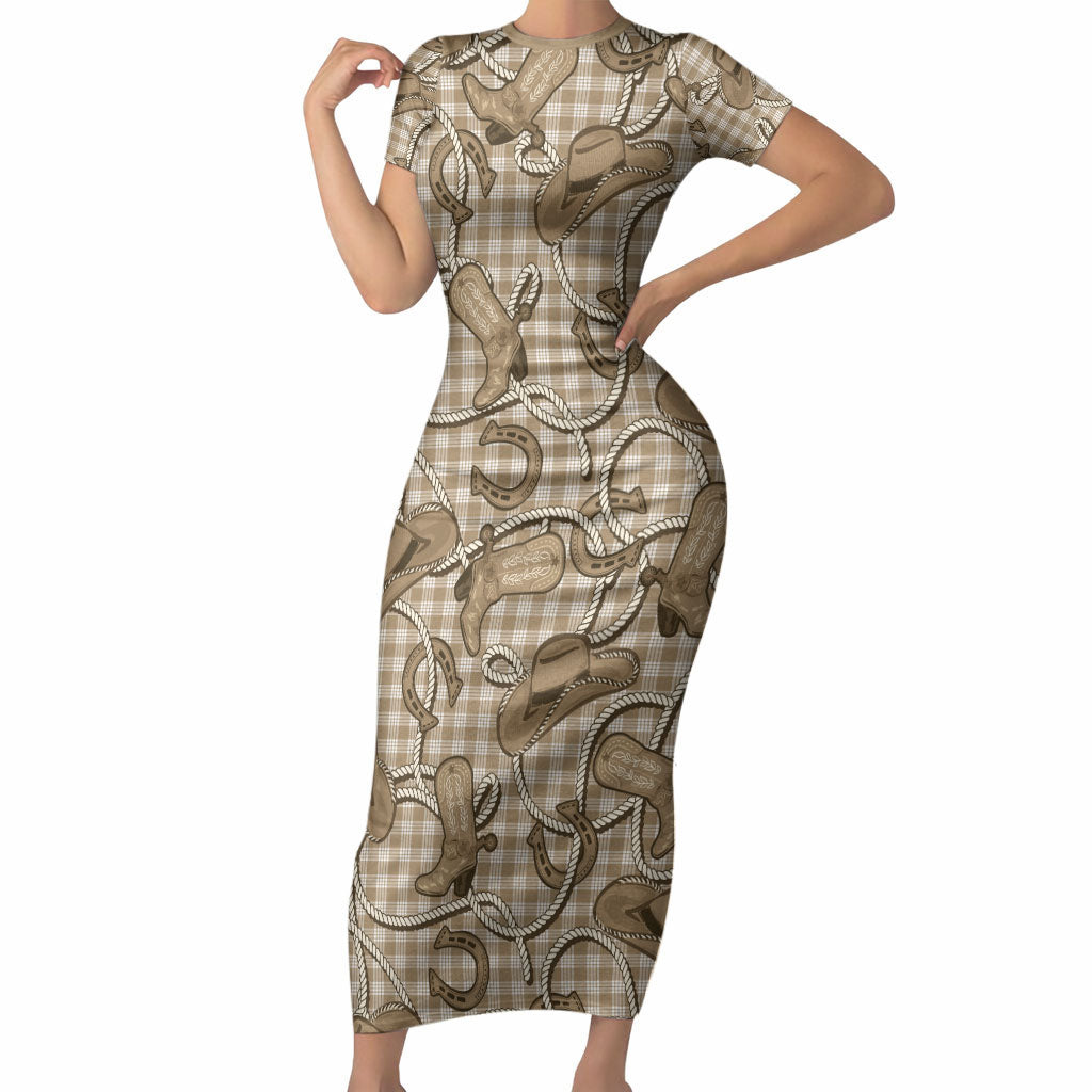 Beige Hawaii Palaka Cowboy Short Sleeve Bodycon Dress Hawaiian Paniolo Festival Spirit