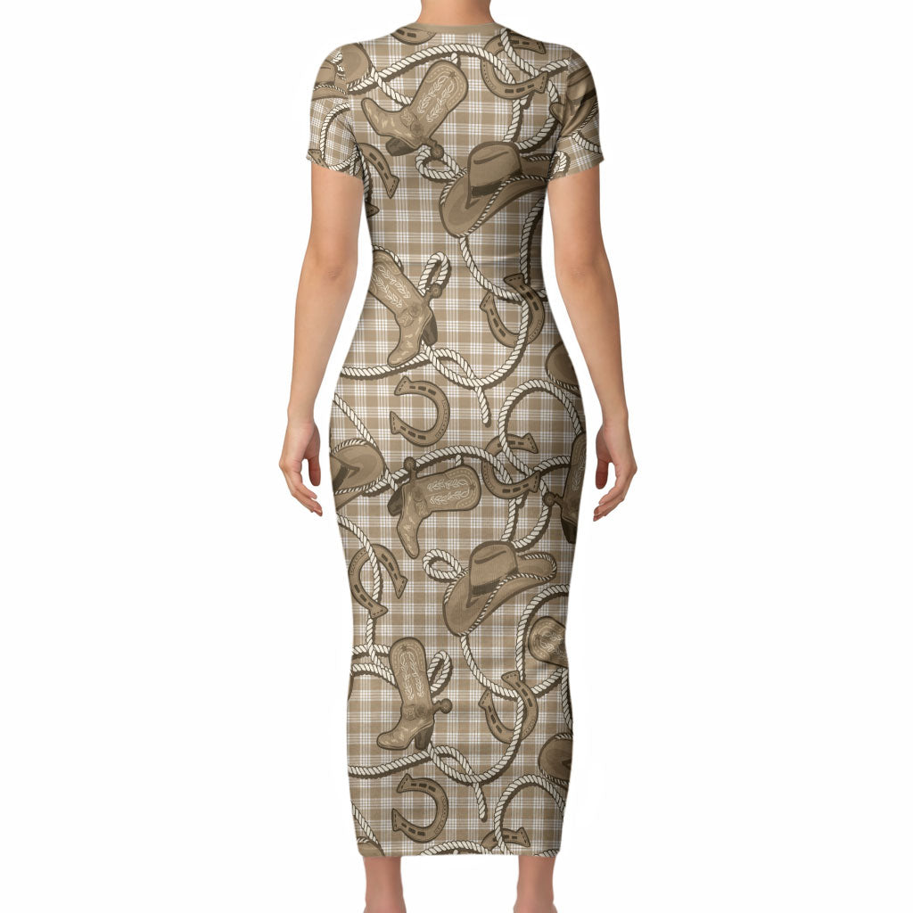 Beige Hawaii Palaka Cowboy Short Sleeve Bodycon Dress Hawaiian Paniolo Festival Spirit