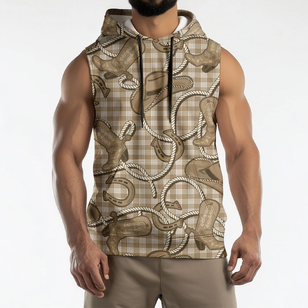 Beige Hawaii Palaka Cowboy Sleeveless Hoodie Hawaiian Paniolo Festival Spirit