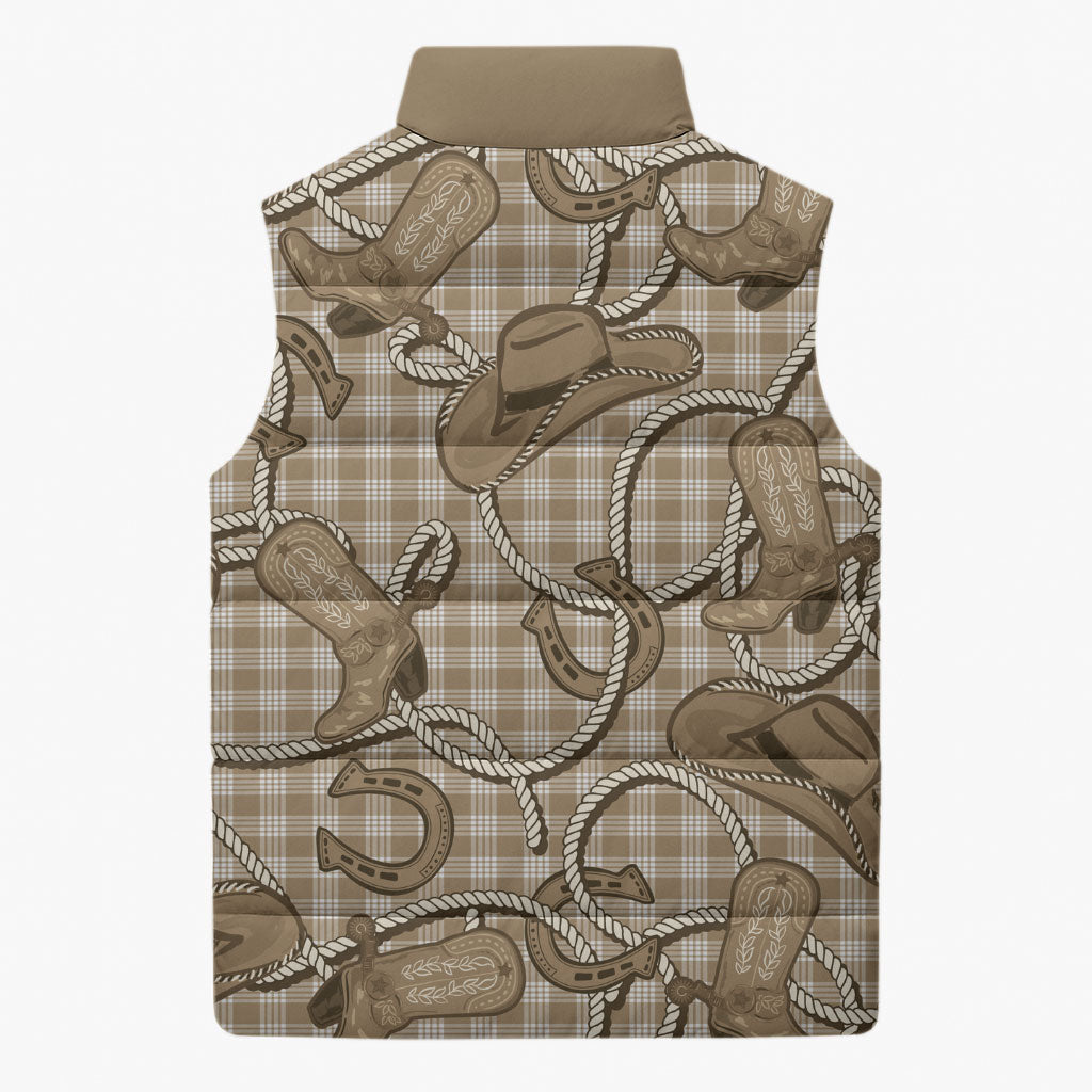 Beige Hawaii Palaka Cowboy Sleeveless Puffer Jacket Hawaiian Paniolo Festival Spirit