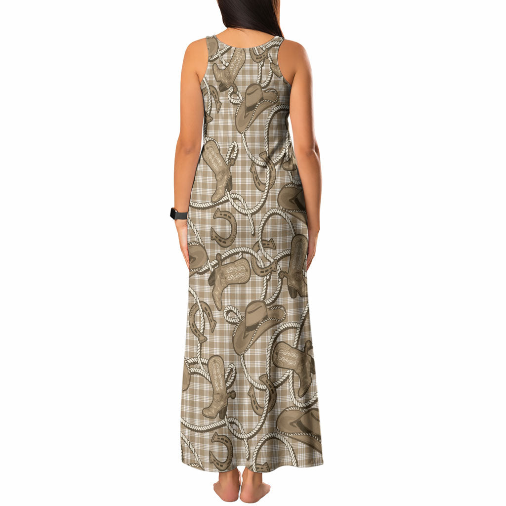 Beige Hawaii Palaka Cowboy Tank Maxi Dress Hawaiian Paniolo Festival Spirit