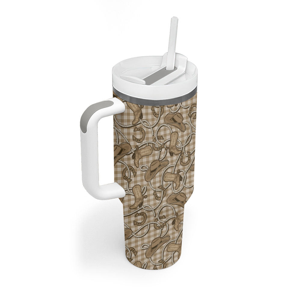 Beige Hawaii Palaka Cowboy Tumbler With Handle Hawaiian Paniolo Festival Spirit