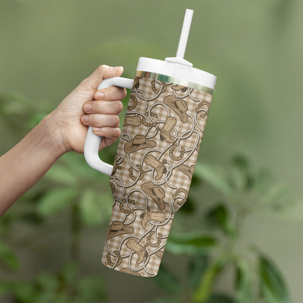 Beige Hawaii Palaka Cowboy Tumbler With Handle Hawaiian Paniolo Festival Spirit