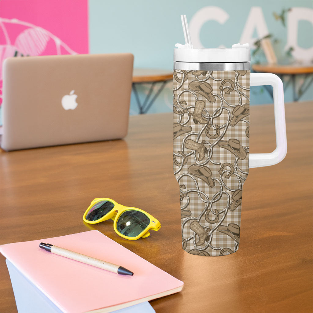 Beige Hawaii Palaka Cowboy Tumbler With Handle Hawaiian Paniolo Festival Spirit