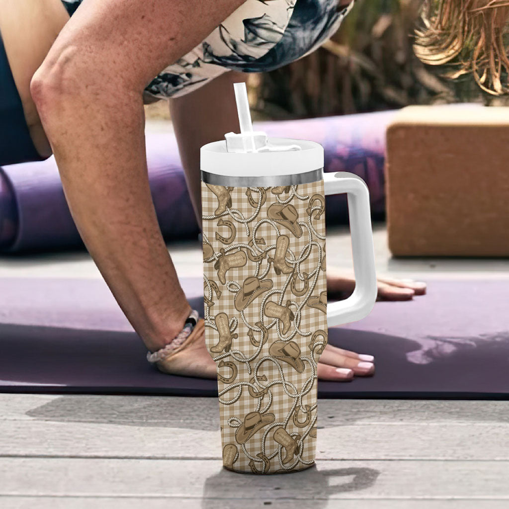 Beige Hawaii Palaka Cowboy Tumbler With Handle Hawaiian Paniolo Festival Spirit