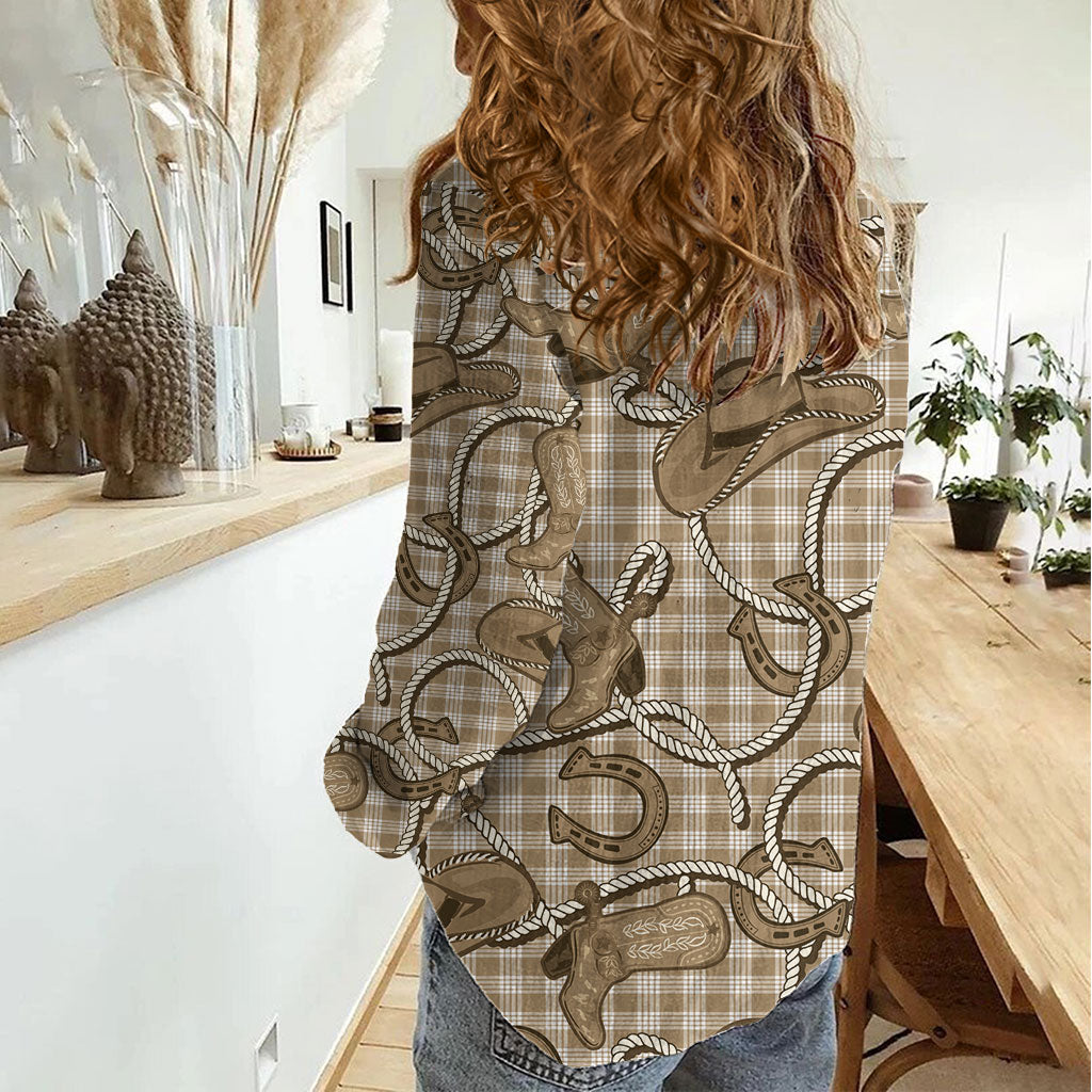 Beige Hawaii Palaka Cowboy Women Casual Shirt Hawaiian Paniolo Festival Spirit