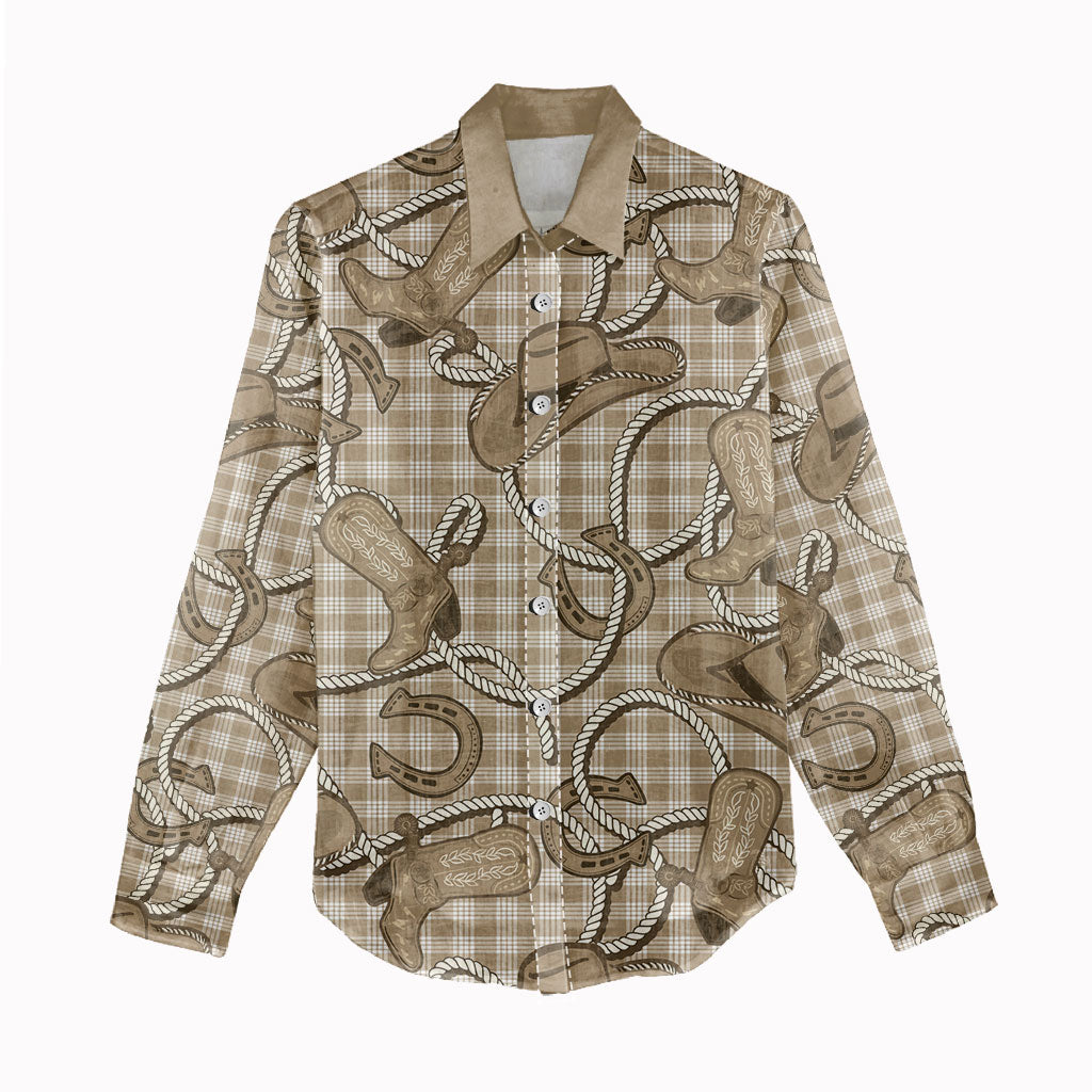 Beige Hawaii Palaka Cowboy Women Casual Shirt Hawaiian Paniolo Festival Spirit